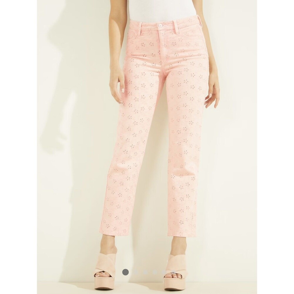 Guess Eyelet 1981 Straight Leg Floridada Peach Jeans Pink 27